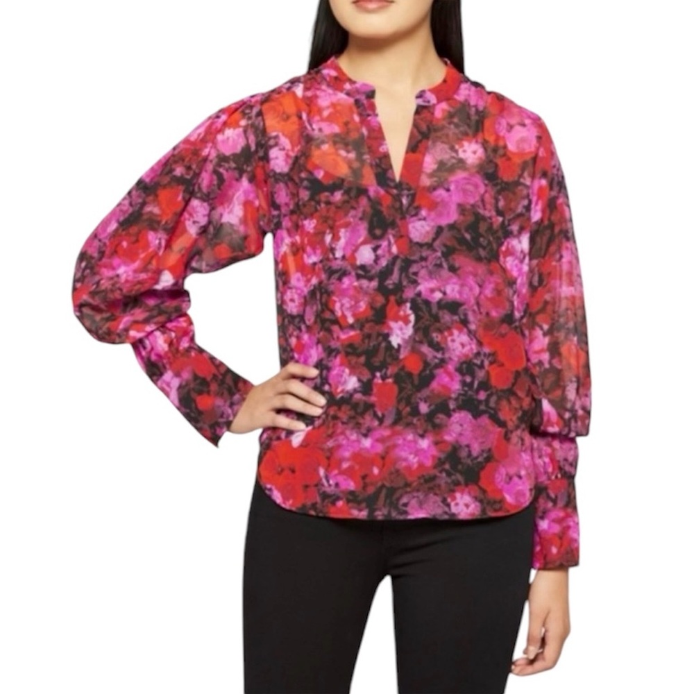 Steve Madden NWT Pink Red Rose Printed top V-neck Scrunched Sleeve Size XS